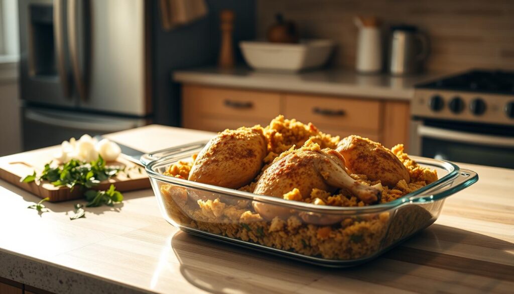 Make-ahead chicken and stuffing casserole preparation Make-ahead chicken and stuffing casserole preparation
