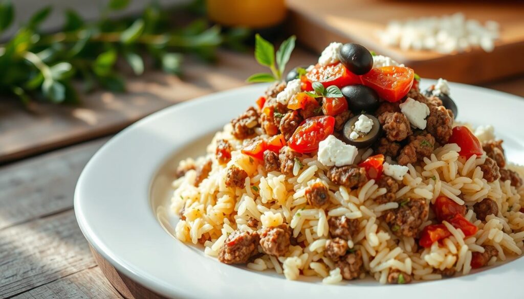 Mediterranean ground beef and rice dish