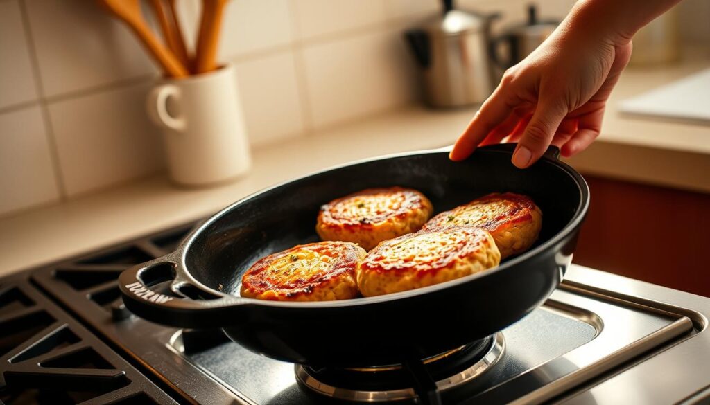 Cooking traditional salmon patties on stovetop