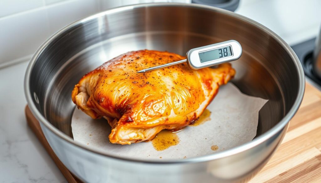 Checking Chicken Doneness with Meat Thermometer