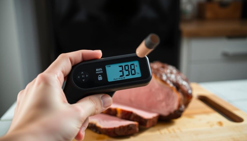 Meat Thermometer Checking Corned Beef Temperature