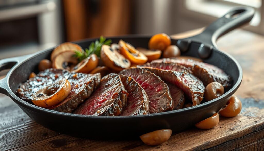 home 8 steak and onions and mushrooms