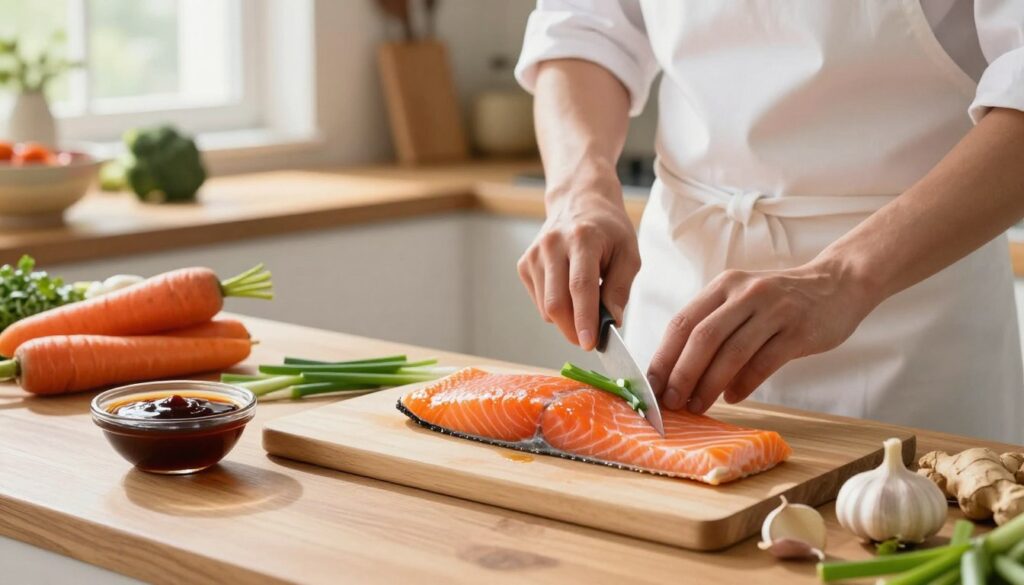 Preparing salmon fillets for teriyaki baking Preparing salmon fillets for teriyaki baking